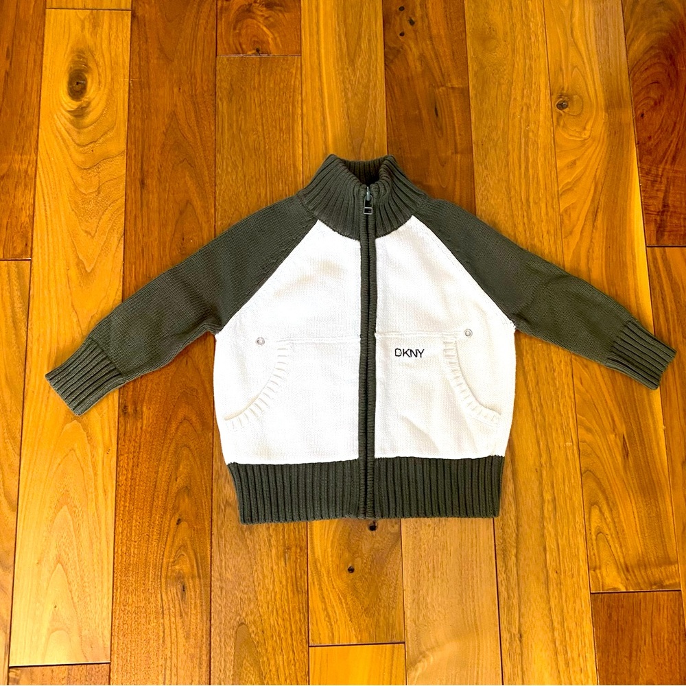 DKNY Full Zip Cotton Sweater Cardigan Off White and Olive Kids size 2T